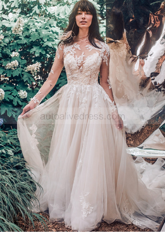 Long Sleeves Beaded Ivory Lace Tulle Airy Wedding Dress Long Sleeves Beaded Ivory Lace Tulle Airy Wedding Dress